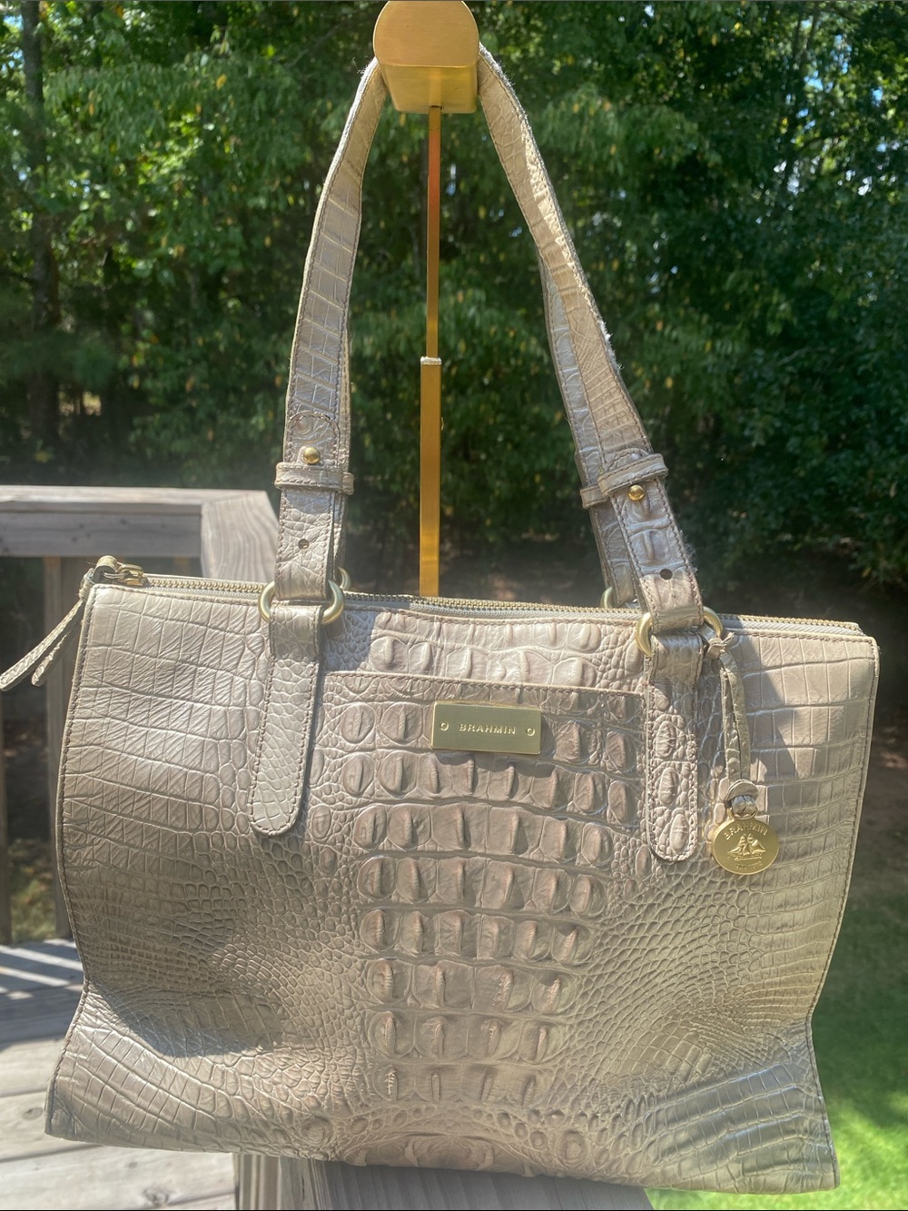 Brahmin Taupe Croc-Embossed Leather Satchel with Gold Hardware